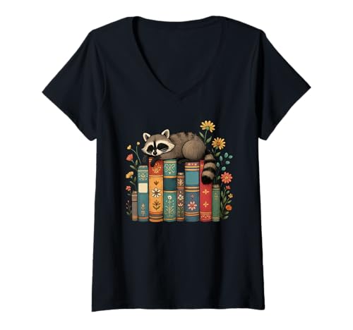 Damen Floral Raccoon Sleeping On Books T-Shirt mit V-Ausschnitt von Funny Books Raccoon Lover Apparel