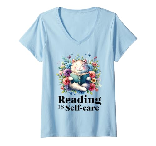 Damen Reading Is Self Care Lustiges Bücherwurm-Lesebuch Katzenliebhaber T-Shirt mit V-Ausschnitt Damen Reading Is Self Care Lustiges Bücherwurm-Lesebuch Katzenliebhaber T-Shirt mit V-Ausschnitt von Funny Bookworm Cat Lover Apparel