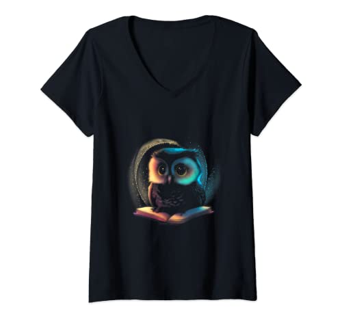 Damen Cute Owl Animal With Book T-Shirt mit V-Ausschnitt Damen Cute Owl Animal With Book T-Shirt mit V-Ausschnitt von Funny Bookworm Reader - Literature Book Lover
