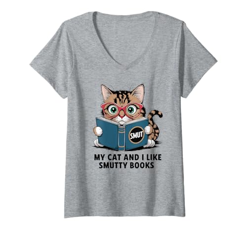 Damen Meine Katze und ich mögen Smutty Books Nerdy Reading Bookworm T-Shirt mit V-Ausschnitt Damen Meine Katze und ich mögen Smutty Books Nerdy Reading Bookworm T-Shirt mit V-Ausschnitt von Funny Bookworm Reading & Cat Mom Bookish