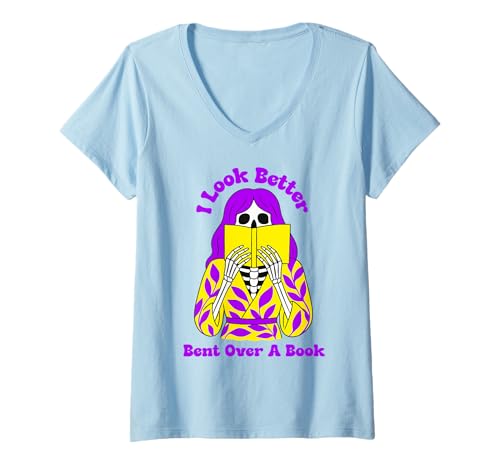 Damen Ich Sehe Besser aus, gebeugt über EIN Buch T-Shirt mit V-Ausschnitt Damen Ich Sehe Besser aus, gebeugt über EIN Buch T-Shirt mit V-Ausschnitt von Funny Bookworm Skeleton Reading Books