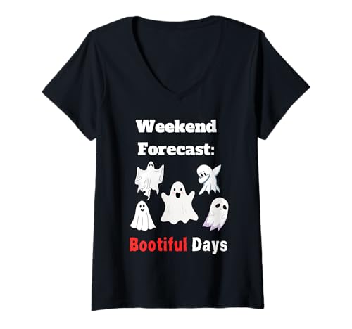 Damen Lustiges Halloween-Wetter, lustiges Wortspiel, Meteorologe, Wettermann T-Shirt mit V-Ausschnitt Damen Lustiges Halloween-Wetter, lustiges Wortspiel, Meteorologe, Wettermann T-Shirt mit V-Ausschnitt von Funny Bootiful and ghostly scary season apparel