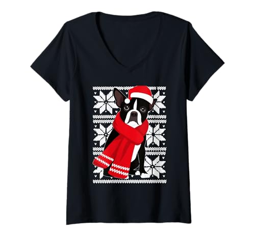 Damen Boston Terrier Hundeliebhaber für hässliche Weihnachtsfeiertage T-Shirt mit V-Ausschnitt Damen Boston Terrier Hundeliebhaber für hässliche Weihnachtsfeiertage T-Shirt mit V-Ausschnitt von Funny Boston Festive Dog Designs