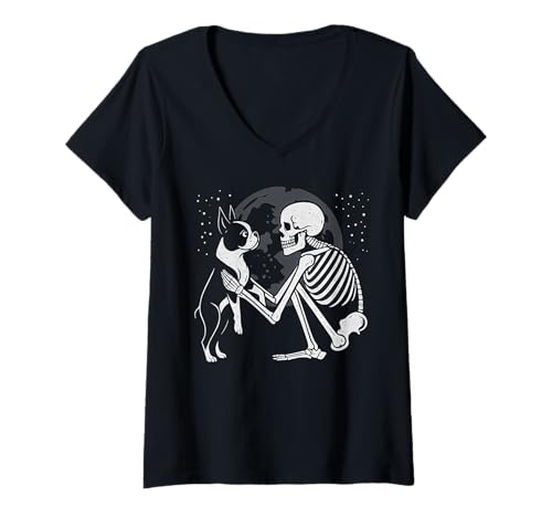 Damen Boston Terrier Skelett Mond Halloween Hundeliebhaber T-Shirt mit V-Ausschnitt Damen Boston Terrier Skelett Mond Halloween Hundeliebhaber T-Shirt mit V-Ausschnitt von Funny Boston Gothic Dog Designs