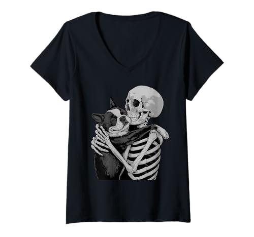 Damen Boston Terrier Skelett Umarmung Halloween Hundeliebhaber T-Shirt mit V-Ausschnitt Damen Boston Terrier Skelett Umarmung Halloween Hundeliebhaber T-Shirt mit V-Ausschnitt von Funny Boston Gothic Dog Designs
