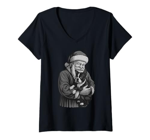 Damen Boston Terrier Weihnachtsmann Weihnachten Hundeliebhaber T-Shirt mit V-Ausschnitt Damen Boston Terrier Weihnachtsmann Weihnachten Hundeliebhaber T-Shirt mit V-Ausschnitt von Funny Boston Holiday Dog Designs