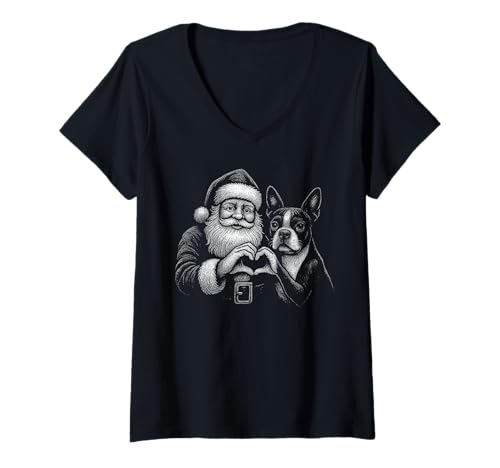 Damen Boston Terrier Weihnachtsmann in Herzform für Hundeliebhaber T-Shirt mit V-Ausschnitt Damen Boston Terrier Weihnachtsmann in Herzform für Hundeliebhaber T-Shirt mit V-Ausschnitt von Funny Boston Holiday Dog Designs