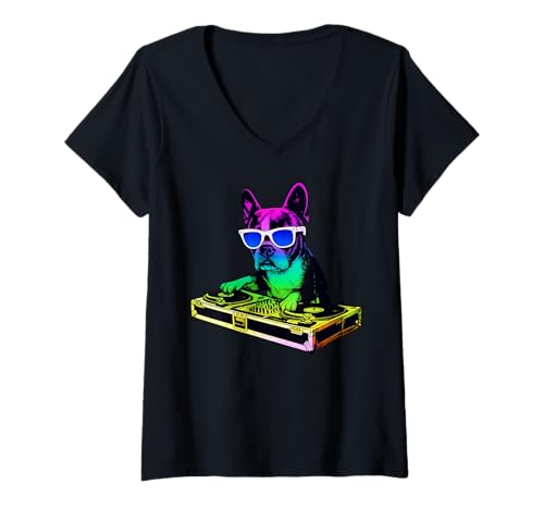 Damen Boston Terrier DJ Musik Party Hundeliebhaber T-Shirt mit V-Ausschnitt Damen Boston Terrier DJ Musik Party Hundeliebhaber T-Shirt mit V-Ausschnitt von Funny Boston House Music Dog Designs
