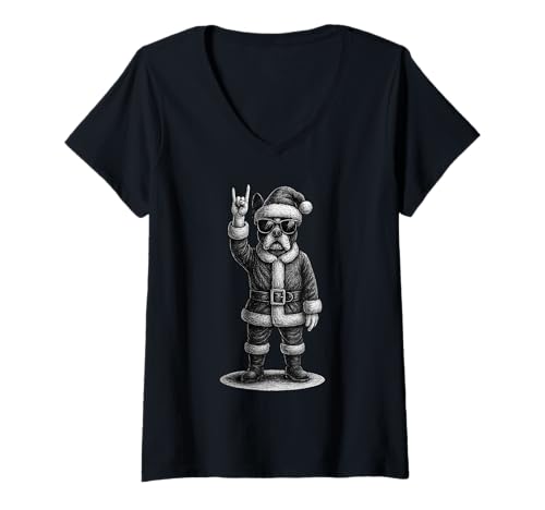 Damen Boston Terrier Rockmusik Weihnachten Hundeliebhaber T-Shirt mit V-Ausschnitt von Funny Boston Rock And Roll Dog Designs