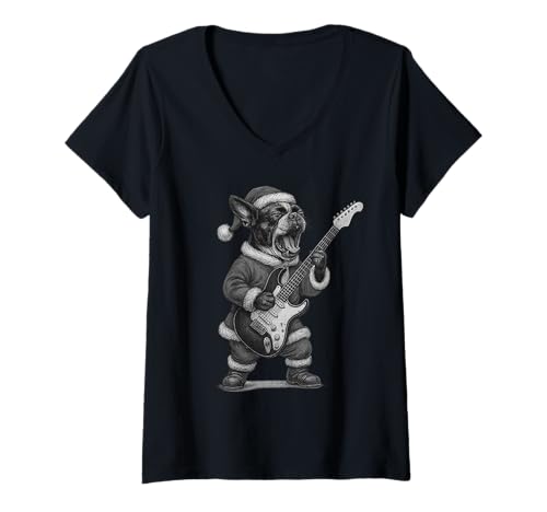 Damen Boston Terrier spielt Gitarre Weihnachten Hundeliebhaber T-Shirt mit V-Ausschnitt Damen Boston Terrier spielt Gitarre Weihnachten Hundeliebhaber T-Shirt mit V-Ausschnitt von Funny Boston Rock Music Dog Designs
