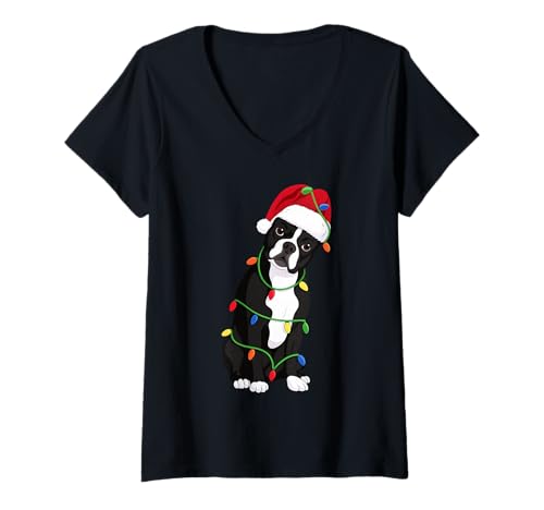 Damen Boston Terrier Weihnachtsbaumbeleuchtung Urlaub Hundeliebhaber T-Shirt mit V-Ausschnitt Damen Boston Terrier Weihnachtsbaumbeleuchtung Urlaub Hundeliebhaber T-Shirt mit V-Ausschnitt von Funny Boston Xmas Tree Dog Designs