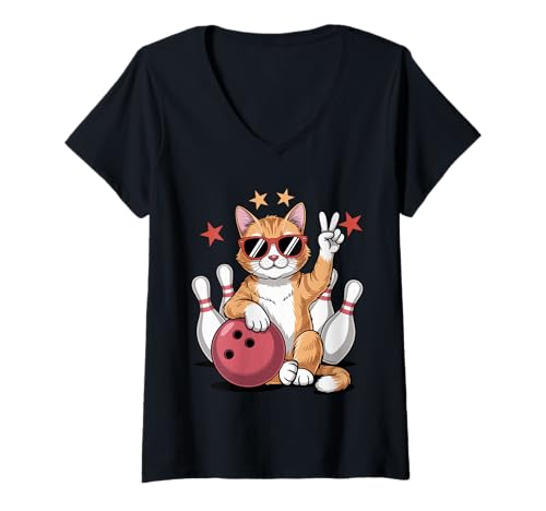 Damen Lustige Katze Bowling Ball und Pins Tier Grafik Bowler Katze T-Shirt mit V-Ausschnitt Damen Lustige Katze Bowling Ball und Pins Tier Grafik Bowler Katze T-Shirt mit V-Ausschnitt von Funny Bowling Design Cat Playing Bowling