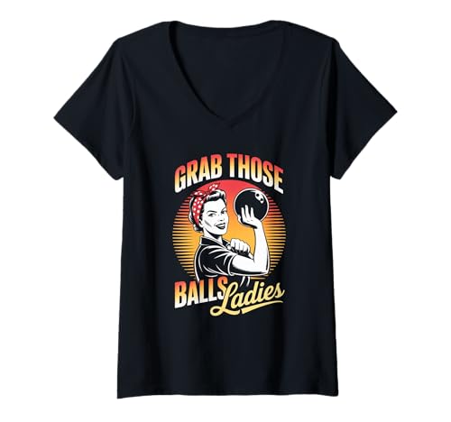 Damen Grab Those Balls Damen Bowling Retro für Frauen T-Shirt mit V-Ausschnitt von Funny Bowling Team