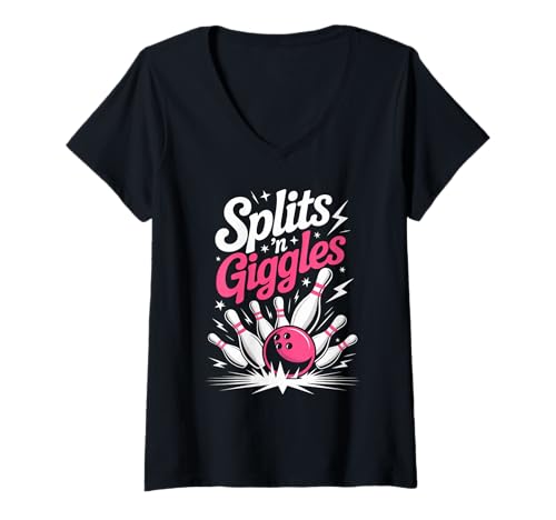 Damen Lustiges Splits 'n Giggles Bowlingteam, niedlicher Bowler, Damen und Mädchen T-Shirt mit V-Ausschnitt von Funny Bowling Team