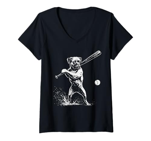 Damen Boxer-Baseball-Sport-Hundeliebhaber T-Shirt mit V-Ausschnitt Damen Boxer-Baseball-Sport-Hundeliebhaber T-Shirt mit V-Ausschnitt von Funny Boxer Baseball Player Dog Designs