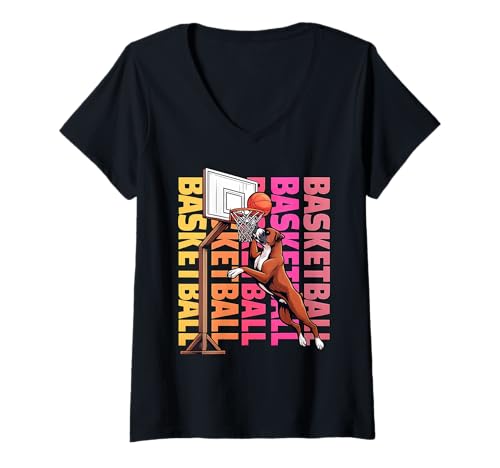 Damen Boxer-Basketball-Sport-Hundeliebhaber T-Shirt mit V-Ausschnitt Damen Boxer-Basketball-Sport-Hundeliebhaber T-Shirt mit V-Ausschnitt von Funny Boxer Basketball Player Dog Designs