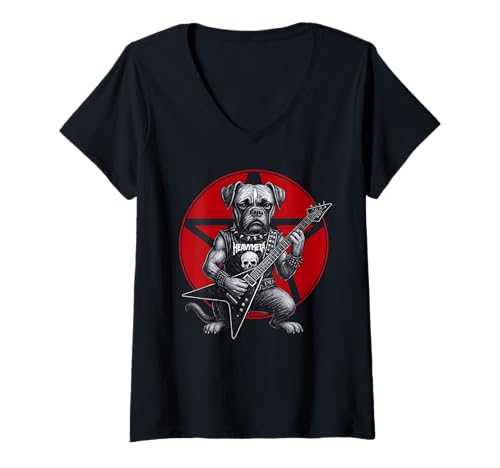 Damen Boxer Dog Heavy Metal Gitarre Rock Hundeliebhaber T-Shirt mit V-Ausschnitt Damen Boxer Dog Heavy Metal Gitarre Rock Hundeliebhaber T-Shirt mit V-Ausschnitt von Funny Boxer Death Metal Music Dog Designs
