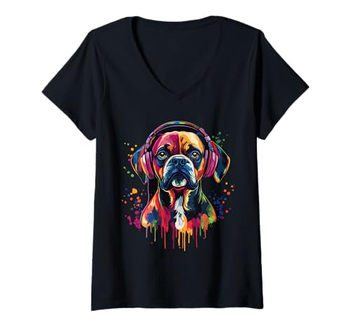 Damen Boxer Dog Lover Pop Art trägt Kopfhörer Lustiger Boxer Hund T-Shirt mit V-Ausschnitt Damen Boxer Dog Lover Pop Art trägt Kopfhörer Lustiger Boxer Hund T-Shirt mit V-Ausschnitt von Funny Boxer Dog Lovers Designs
