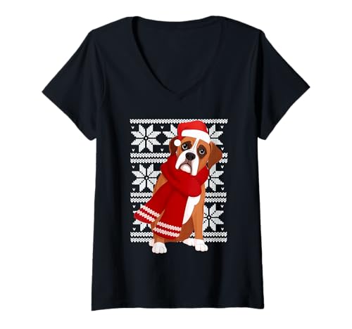 Damen Boxerhund hässlicher Weihnachtsfeiertags-Hundeliebhaber T-Shirt mit V-Ausschnitt Damen Boxerhund hässlicher Weihnachtsfeiertags-Hundeliebhaber T-Shirt mit V-Ausschnitt von Funny Boxer Festive Dog Designs