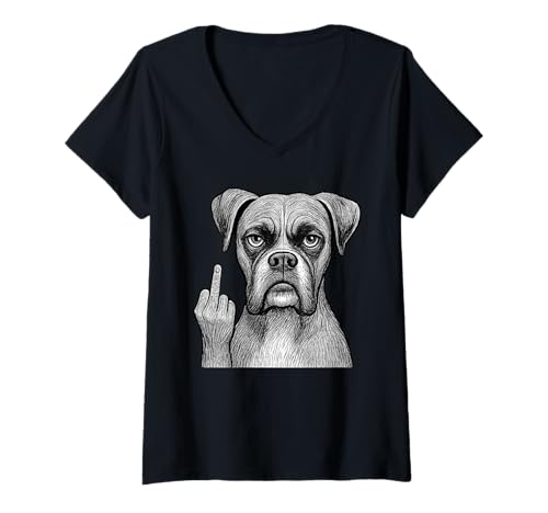 Damen Boxer Dog Mittelfinger sarkastischer Hundeliebhaber T-Shirt mit V-Ausschnitt Damen Boxer Dog Mittelfinger sarkastischer Hundeliebhaber T-Shirt mit V-Ausschnitt von Funny Boxer Flipping Off Dog Designs