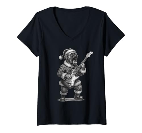 Damen Boxerhund spielt Gitarre, Weihnachts-Hundeliebhaber T-Shirt mit V-Ausschnitt Damen Boxerhund spielt Gitarre, Weihnachts-Hundeliebhaber T-Shirt mit V-Ausschnitt von Funny Boxer Rock Music Dog Designs
