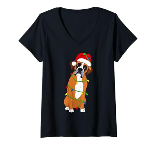 Damen Boxer Hund Weihnachtsbaum Lichter Urlaub Hundeliebhaber T-Shirt mit V-Ausschnitt Damen Boxer Hund Weihnachtsbaum Lichter Urlaub Hundeliebhaber T-Shirt mit V-Ausschnitt von Funny Boxer Xmas Tree Dog Designs