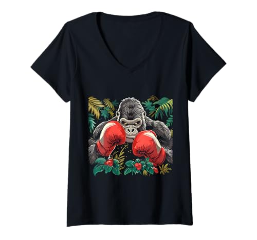 Damen Box-Gorilla mit Boxhandschuhen, Kickboxen, lustiger Boxer T-Shirt mit V-Ausschnitt von Funny Boxing Animals