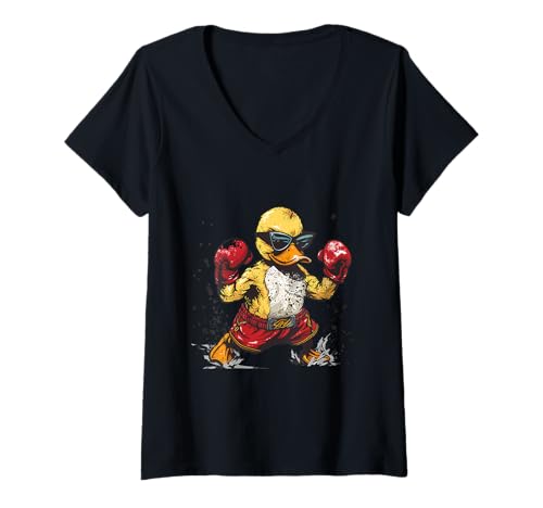 Damen Boxende Gummiente mit Boxhandschuhen Kickboxen Funny Boxer T-Shirt mit V-Ausschnitt von Funny Boxing Animals