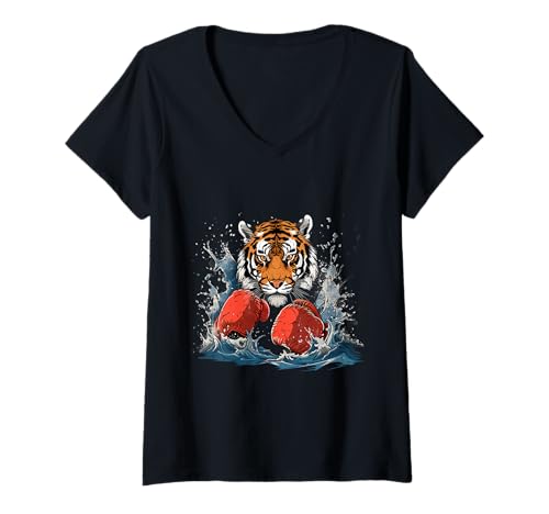 Damen Boxer Tiger mit Boxhandschuhen Kickboxen Lustiges Boxen T-Shirt mit V-Ausschnitt von Funny Boxing Animals