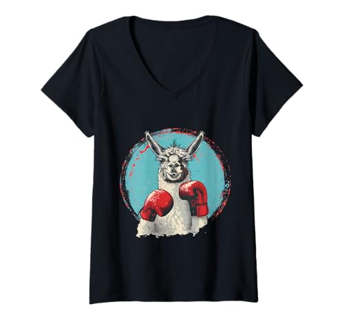 Damen Boxing Lama mit Boxhandschuhen Kickboxen Funny Boxer T-Shirt mit V-Ausschnitt von Funny Boxing Animals