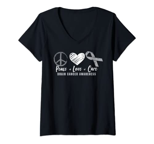 Damen Peace Love Cure Gehirnkrebs-Bewusstsein Gehirntumor Grafik T-Shirt mit V-Ausschnitt Damen Peace Love Cure Gehirnkrebs-Bewusstsein Gehirntumor Grafik T-Shirt mit V-Ausschnitt von Funny Brain Tumor Awareness Graphic & More