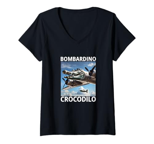 Damen Bombardilo Crocodilo T-Shirt mit V-Ausschnitt Damen Bombardilo Crocodilo T-Shirt mit V-Ausschnitt von Funny Brainrot Shirts and Apparel