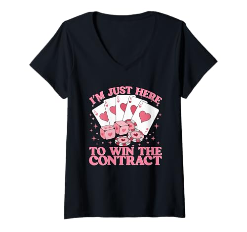 Damen I'm Just Here to Win The Contract T-Shirt mit V-Ausschnitt von Funny Bridge Player Cardplay Humor