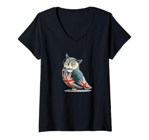 Damen Tolle Eule mit britischen Farben für Erwachsene und Kinder T-Shirt mit V-Ausschnitt Damen Tolle Eule mit britischen Farben für Erwachsene und Kinder T-Shirt mit V-Ausschnitt von Funny British Owl Outfit
