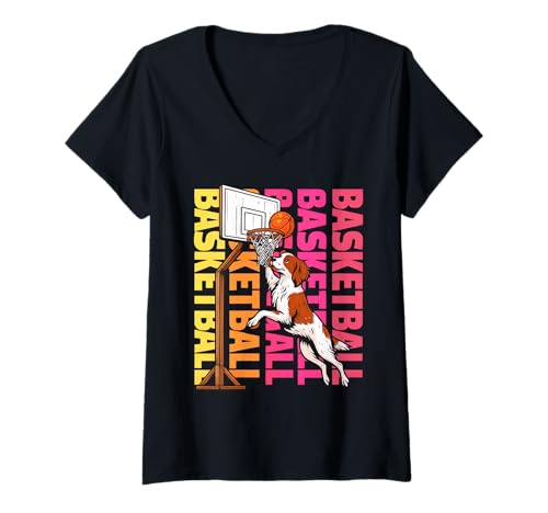 Damen Bretagne Spaniel Basketball Sport Hundeliebhaber T-Shirt mit V-Ausschnitt Damen Bretagne Spaniel Basketball Sport Hundeliebhaber T-Shirt mit V-Ausschnitt von Funny Brittany Basketball Player Dog Designs