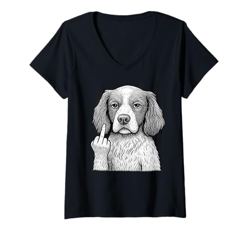 Damen Brittany Spaniel Mittelfinger sarkastischer Hundeliebhaber T-Shirt mit V-Ausschnitt Damen Brittany Spaniel Mittelfinger sarkastischer Hundeliebhaber T-Shirt mit V-Ausschnitt von Funny Brittany Flipping Off Dog Designs