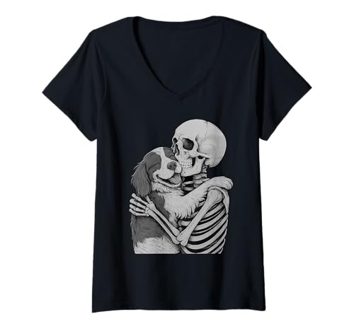 Damen Bretagne Spaniel Skelett Umarmung Halloween Hundeliebhaber T-Shirt mit V-Ausschnitt Damen Bretagne Spaniel Skelett Umarmung Halloween Hundeliebhaber T-Shirt mit V-Ausschnitt von Funny Brittany Gothic Dog Designs
