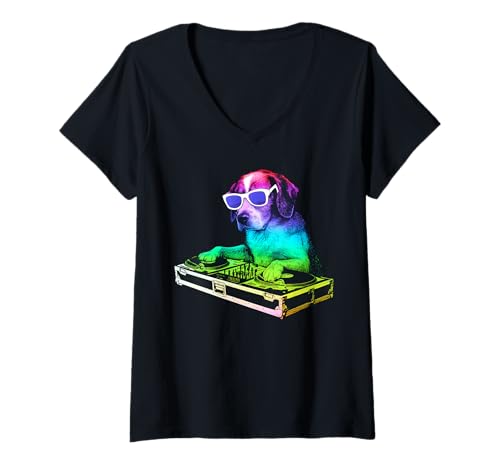 Damen Brittany Spaniel DJ Musik Party Hundeliebhaber T-Shirt mit V-Ausschnitt Damen Brittany Spaniel DJ Musik Party Hundeliebhaber T-Shirt mit V-Ausschnitt von Funny Brittany House Music Dog Designs