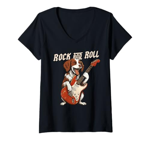 Damen Bretagne Spaniel spielt Gitarre Rock and Roll Hundeliebhaber T-Shirt mit V-Ausschnitt Damen Bretagne Spaniel spielt Gitarre Rock and Roll Hundeliebhaber T-Shirt mit V-Ausschnitt von Funny Brittany Rock Music Dog Designs