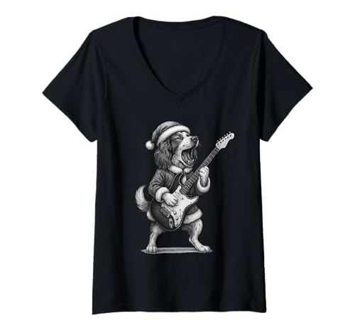 Damen Bretagne Spaniel spielt Gitarre Weihnachten Hundeliebhaber T-Shirt mit V-Ausschnitt Damen Bretagne Spaniel spielt Gitarre Weihnachten Hundeliebhaber T-Shirt mit V-Ausschnitt von Funny Brittany Rock Music Dog Designs