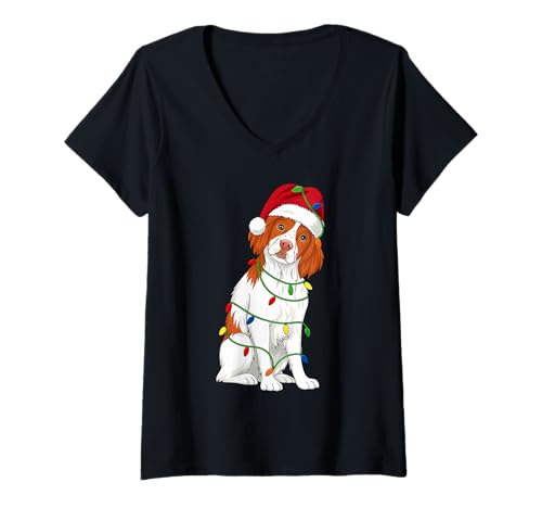 Damen Brittany Spaniel Weihnachtsbaum-Lichter Urlaub Hundeliebhaber T-Shirt mit V-Ausschnitt Damen Brittany Spaniel Weihnachtsbaum-Lichter Urlaub Hundeliebhaber T-Shirt mit V-Ausschnitt von Funny Brittany Xmas Tree Dog Designs