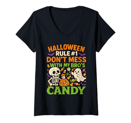 Damen Halloween Rule #1 Don't Mess with My Bro's Candy T-Shirt mit V-Ausschnitt von Funny Brother Halloween Costume Humor
