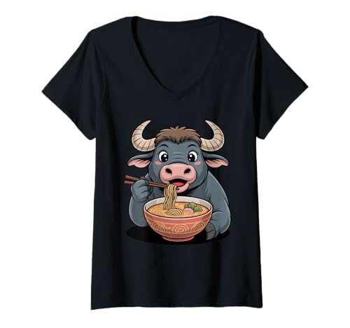 Damen Süße Büffel Essen Ramen Japanische Kawaii Tier Nudeln T-Shirt mit V-Ausschnitt Damen Süße Büffel Essen Ramen Japanische Kawaii Tier Nudeln T-Shirt mit V-Ausschnitt von Funny Buffalo Ramen Lover Apparel