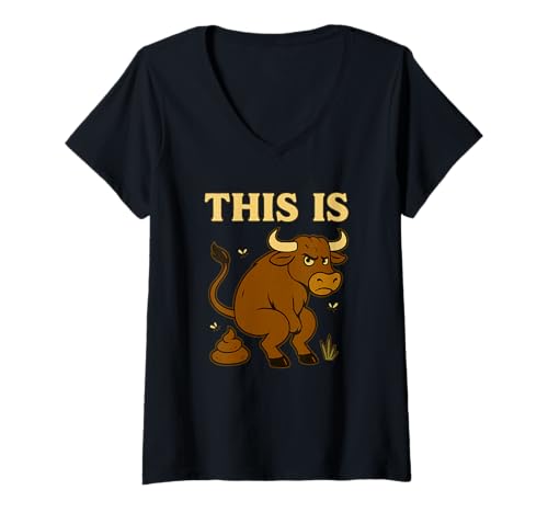 Damen Lustiges Bull-Wortspiel - Das ist Bullshit Cartoon WC Humor T-Shirt mit V-Ausschnitt von Funny Bull Pun “This Is Bullshit” Cartoon Humor