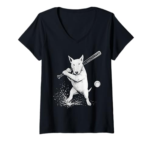 Damen Englischer Bullterrier-Baseball-Sport-Hundeliebhaber T-Shirt mit V-Ausschnitt Damen Englischer Bullterrier-Baseball-Sport-Hundeliebhaber T-Shirt mit V-Ausschnitt von Funny Bull Terrier Baseball Player Dog Designs