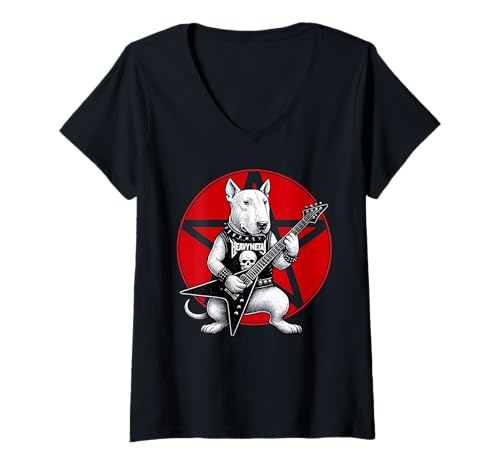 Damen Englischer Bullterrier, Heavy-Metal-Gitarre, Rock, Hundeliebhaber T-Shirt mit V-Ausschnitt Damen Englischer Bullterrier, Heavy-Metal-Gitarre, Rock, Hundeliebhaber T-Shirt mit V-Ausschnitt von Funny Bull Terrier Death Metal Music Dog Designs