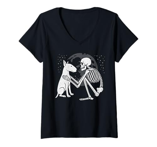 Damen Englischer Bullterrier Skelett Mond Halloween Hundeliebhaber T-Shirt mit V-Ausschnitt Damen Englischer Bullterrier Skelett Mond Halloween Hundeliebhaber T-Shirt mit V-Ausschnitt von Funny Bull Terrier Gothic Dog Designs