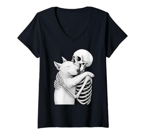 Damen Englischer Bullterrier Skelett Umarmung Halloween Hundeliebhaber T-Shirt mit V-Ausschnitt Damen Englischer Bullterrier Skelett Umarmung Halloween Hundeliebhaber T-Shirt mit V-Ausschnitt von Funny Bull Terrier Gothic Dog Designs