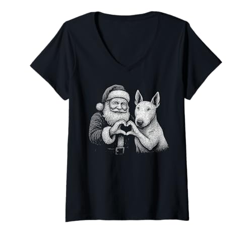 Damen Englischer Bullterrier, Weihnachtsmann, Herzform, Weihnachtshund T-Shirt mit V-Ausschnitt von Funny Bull Terrier Holiday Dog Designs