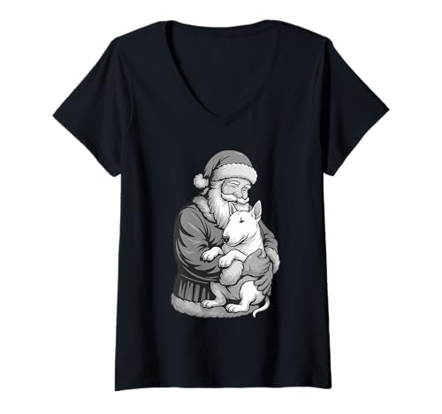 Damen Englischer Bullterrier, Weihnachtsmann, Hundeliebhaber T-Shirt mit V-Ausschnitt von Funny Bull Terrier Holiday Dog Designs